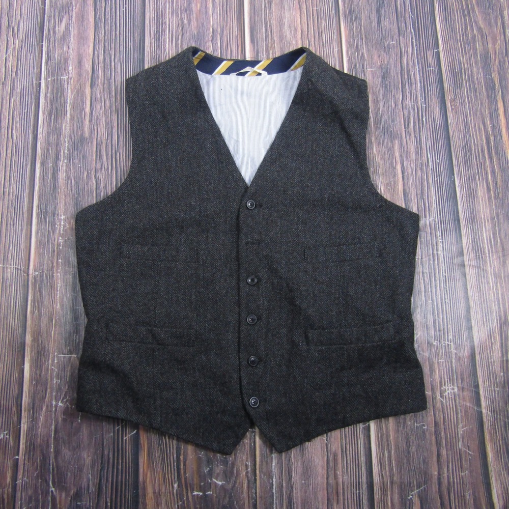 Merona Vest Mens Large Gray Herringbone Wool Blend Button Front Waistcoat